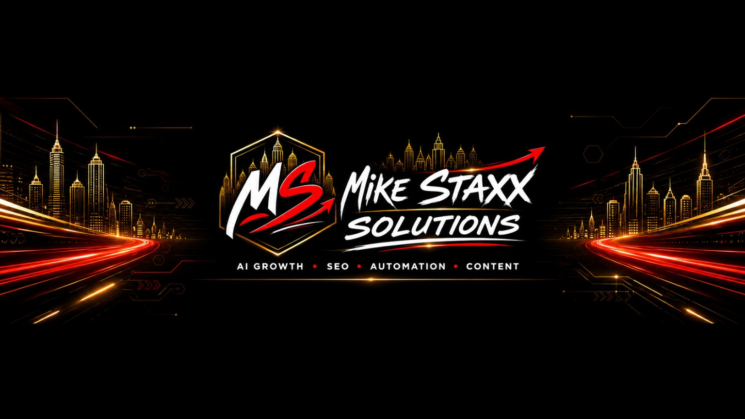 Mike Staxx Solutions brand banner with AI Growth, SEO, Automation, and Content